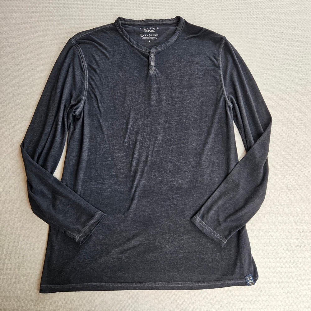 Lucky Brand Mens Large Venice Burnout Long Sleeve Henley Shirt Gray Lightweight